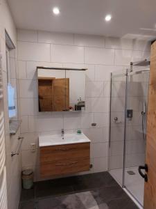 een badkamer met een wastafel en een douche bij Ferienwohnung Eisenerz 80m² in Eisenerz