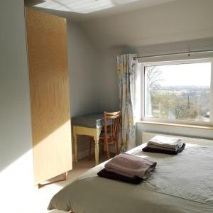a bedroom with a bed and a window and a desk at Hide on the Hill Cottage in Wells