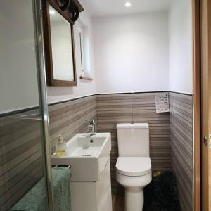 a small bathroom with a toilet and a sink at Hide on the Hill Cottage in Wells +32 photos