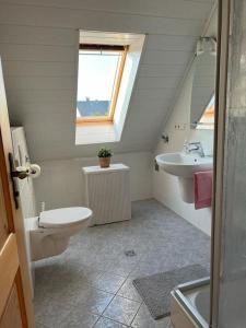 a bathroom with a toilet and a sink and a window at Landhaus mit Pool in Burgthann