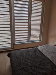 una camera da letto con due grandi finestre con persiane di Cozy New Apt - Уютен апартамент a Blagoevgrad