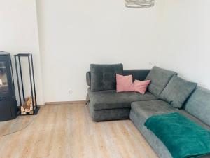 ein Wohnzimmer mit einer grünen Couch mit rosa Kissen in der Unterkunft Lend city house in Graz