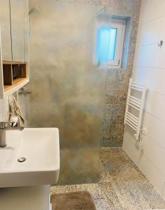 W łazience znajduje się umywalka i prysznic. w obiekcie Lend city house w Grazu