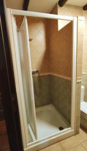 La salle de bains est pourvue d'une douche avec une porte en verre. dans l'établissement Apartamento Puerta del Sol de 1 habitación, à Candelario