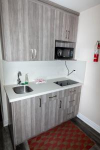 a kitchen with a sink and a microwave at Borden Inn and Suites in Angus