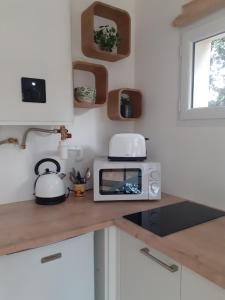 a kitchen counter with a microwave on top of it at L escapade in Saint-Siffret
