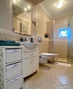a bathroom with a sink and a toilet and a mirror at Casa di Bianca - közvetlen vízparti nyaraló in Siófok