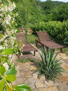 dos bancos de madera sentados en un jardín con flores en Apartma Suzy en Pobegi