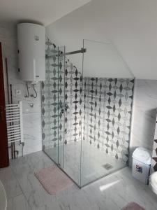 y baño con ducha y puerta de cristal. en Apartmani NINA Zlatar en Nova Varoš