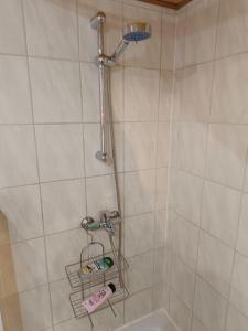 a bathroom with a shower with a rack next to a tub at Haus Luise in Stapelburg