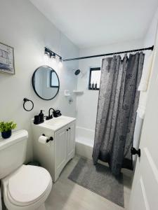 uma casa de banho com um lavatório de WC e uma cortina de chuveiro em Retreat near Kaseya Center Calle Ocho Downtown Miami Beaches em Miami