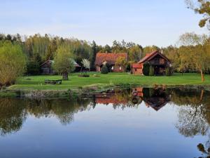 a house with a pond in front of it at Orlik Mazury in Stare Jabłonki