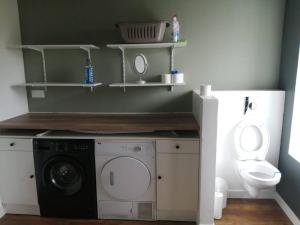a bathroom with a washing machine and a toilet at Jolie maison en pierre proche centre-ville in Cherbourg en Cotentin +28 photos