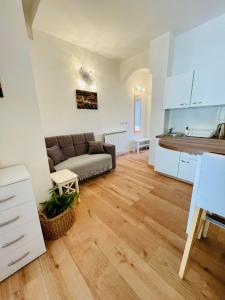 uma sala de estar com um sofá e uma cozinha em Apartments Lukrecia em Hvar