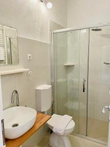 y baño con aseo, lavabo y ducha. en Apartments Lukrecia, en Hvar
