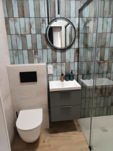 a bathroom with a toilet and a sink and a mirror at Pokoje Gościnne U Broni in Mielno