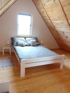 a bed in a room with a window at Letniskowiec Kownatki in Siemienowo