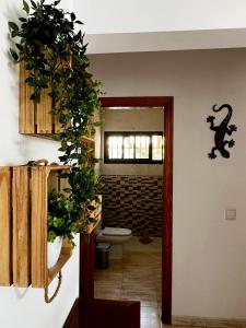 a bathroom with a toilet and plants on the wall at Casa Alizée, heated pool, hot tub in Playa Blanca