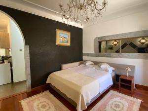 a bedroom with a bed and a chandelier at Studio Apartment Naya in Mali Lošinj