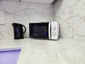 a microwave sitting on a counter in a kitchen at Asher's Place in East London