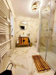 ein Bad mit einer Dusche, einem Waschbecken und einem Spiegel in der Unterkunft Une petite maison seulement pour 2 