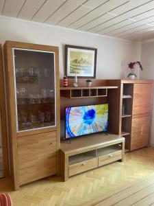 a living room with a television in a wooden entertainment center at Ferienhaus am Rathaus in Dornum