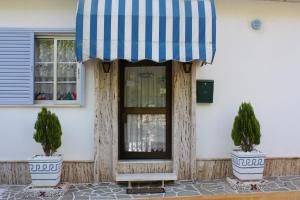 a store front with a blue and white awning and two potted trees at Melissani hotel in Sami