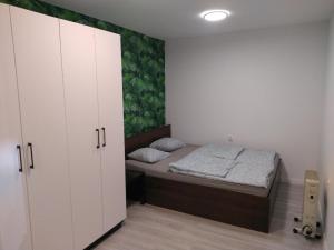 Dormitorio pequeño con cama y armarios blancos en Lake House Domek nr.11 Jezioro Nyskie, en Skorochow