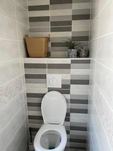 een kleine badkamer met een toilet met gestreepte muren bij gitele25 - 10mn du PuyduFou in La Verrie
