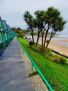 a green fence next to a beach with palm trees at The Lodge Annex - immaculate coastal property in Oystermouth