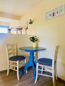 a blue table with two chairs and a plant on it at Apartments Olga in Bled