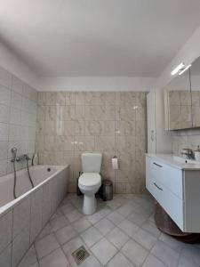 a bathroom with a toilet and a tub and a sink at Giannata House in Argostoli +25 photos