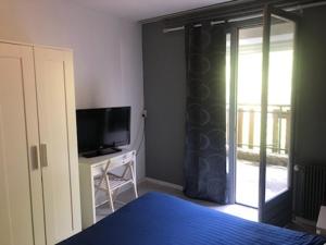 a bedroom with a bed and a tv and a window at HOTEL BON ACCUEIL in Oyonnax