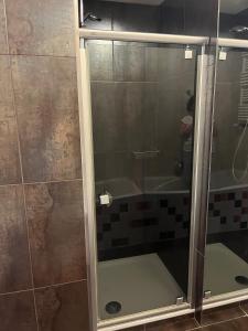 a shower with a glass door in a bathroom at Prime Home SŁONECZNY in Gdynia