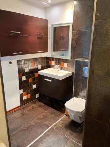 uma casa de banho com um lavatório e um WC em Prime Home SŁONECZNY em Gdynia