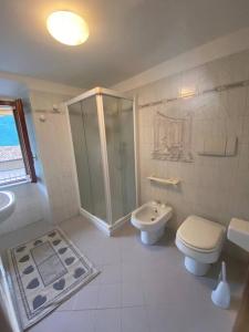 a bathroom with a shower and a toilet and a sink at Casa vacanze il pettirosso. in Pisogne