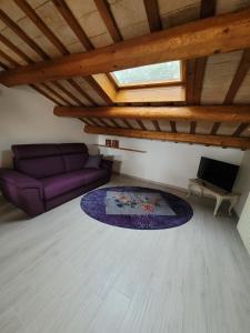 Attic في ريميني: غرفة معيشة مع أريكة أرجوانية وسجادة