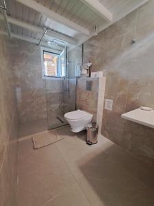 La salle de bains est pourvue de toilettes, d'une douche et d'un lavabo. dans l'établissement Potamos Apartments, à Sidari