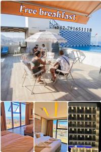 un collage di immagini con persone sedute su sedie e ombrellone di ALENA HOTEL ad Aqaba