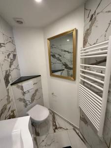 uma casa de banho com um WC e um espelho. em Apt Moderne 2 chambres 5 voyageurs Paris em Paris