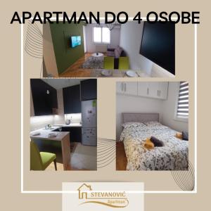 two pictures of a room with a bed and a desk at Apartman Stevanovic BN in Bijeljina