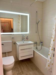 ein Badezimmer mit einem Waschbecken, einem WC und einer Badewanne in der Unterkunft Apartment Heidi in Bad Goisern