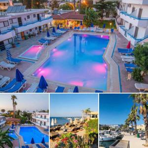 a collage of photos of a pool with chairs and the ocean at Urszula's apartment- apartment with pool in Kos in Psalidi