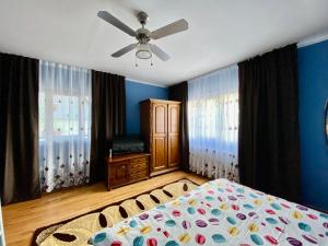 1 dormitorio con 1 cama y ventilador de techo en Casa Chindris, en Ocna Şugatag
