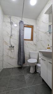 La salle de bains est pourvue de toilettes, d'un lavabo et d'une douche. dans l'établissement Apartment DEVA, à Balchik