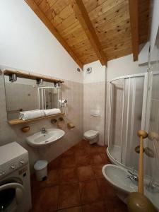 a bathroom with a sink and a shower and a toilet at Appartamenti Casa Miravalle in Enguiso