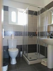 a bathroom with a toilet and a shower and a sink at Sunrise guest house in Nydri