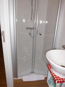 La salle de bains est pourvue d'une douche et d'un lavabo. dans l'établissement Aparthotel Midi Residence, à Bruxelles