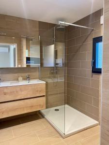 a bathroom with a shower and a sink and a mirror at Mas du Couchant in Suze-la-Rousse