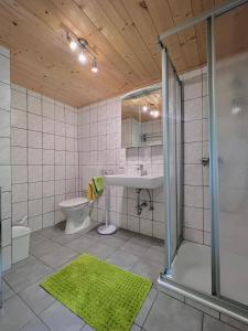 a bathroom with a shower and a sink and a toilet at Kiblerhof in Russbach am Pass Gschütt